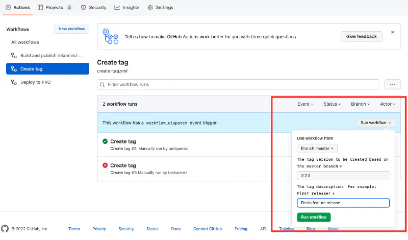 Execute the create tag action