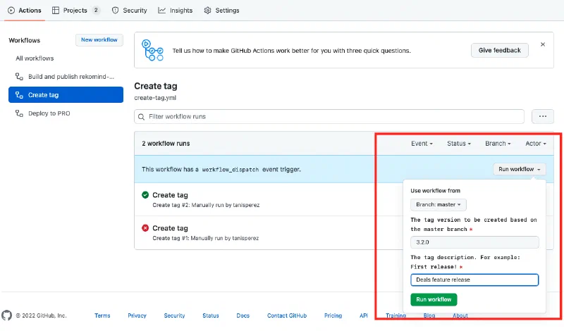 Execute the create tag action