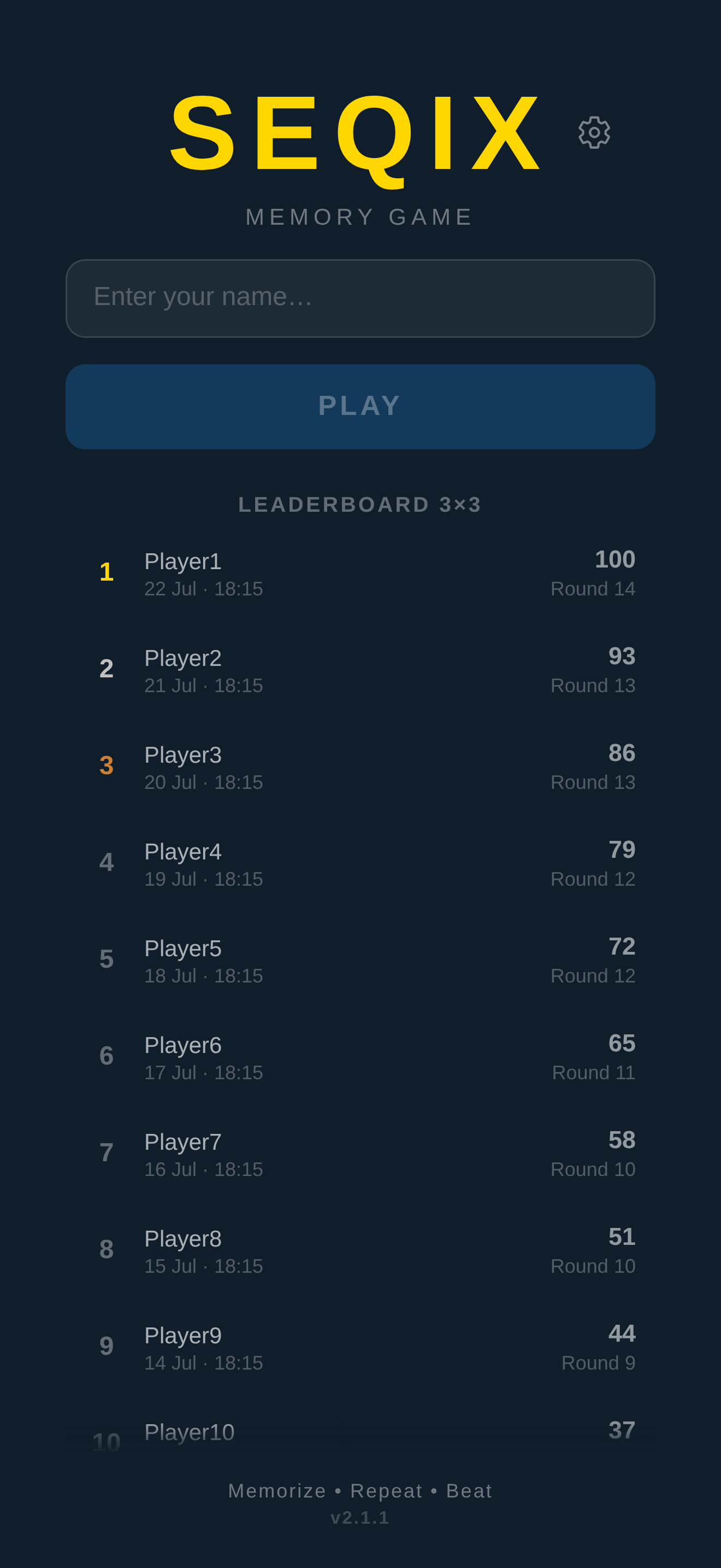 Seqix home screen with the leaderboard