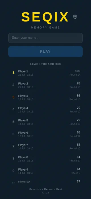 Seqix home screen with the leaderboard