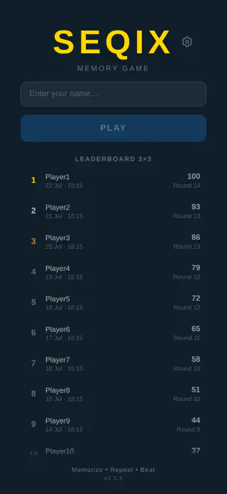 Seqix home screen with the leaderboard